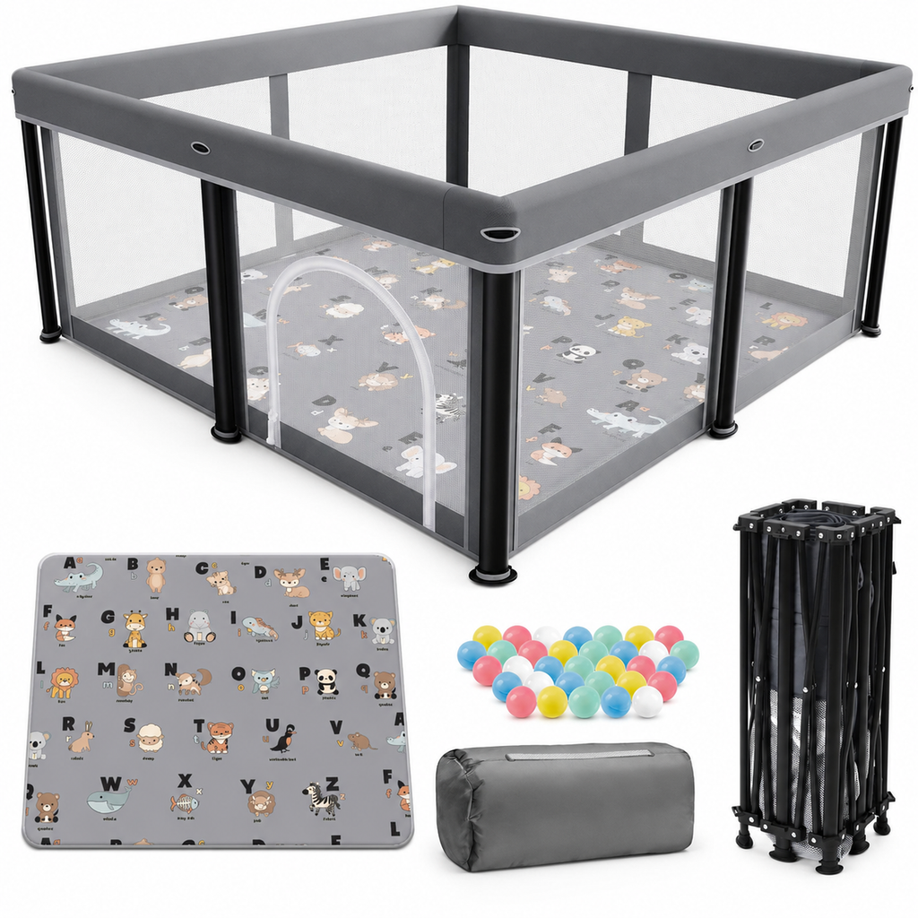 Foldable Baby Playpen with Alphabet Animal Mat, Mesh Panels, Zipper Door, Play Balls and Carry Bag, 127 × 127 cm, Gray