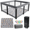 Foldable Baby Playpen with Alphabet Animal Mat, Mesh Panels, Zipper Door, Play Balls and Carry Bag, 127 × 127 cm, Gray
