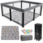 Foldable Baby Playpen with Alphabet Animal Mat, Mesh Panels, Zipper Door, Play Balls and Carry Bag, 127 × 127 cm, Gray