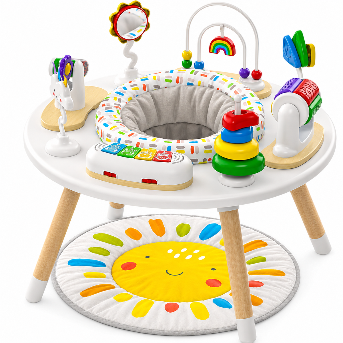 4-in-1 Baby Activity Center with 360° Rotating Seat, 8 Interactive Toys and Toddler Table, 3-24 Months, White