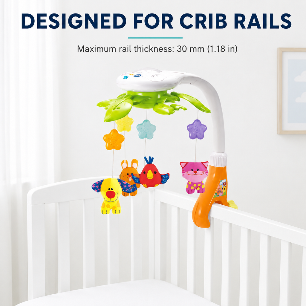 Rotating Musical Baby Crib Mobile with Star Projector, Soothing Sounds and Plush Animal Toys, Multicolor, 0-12 Months