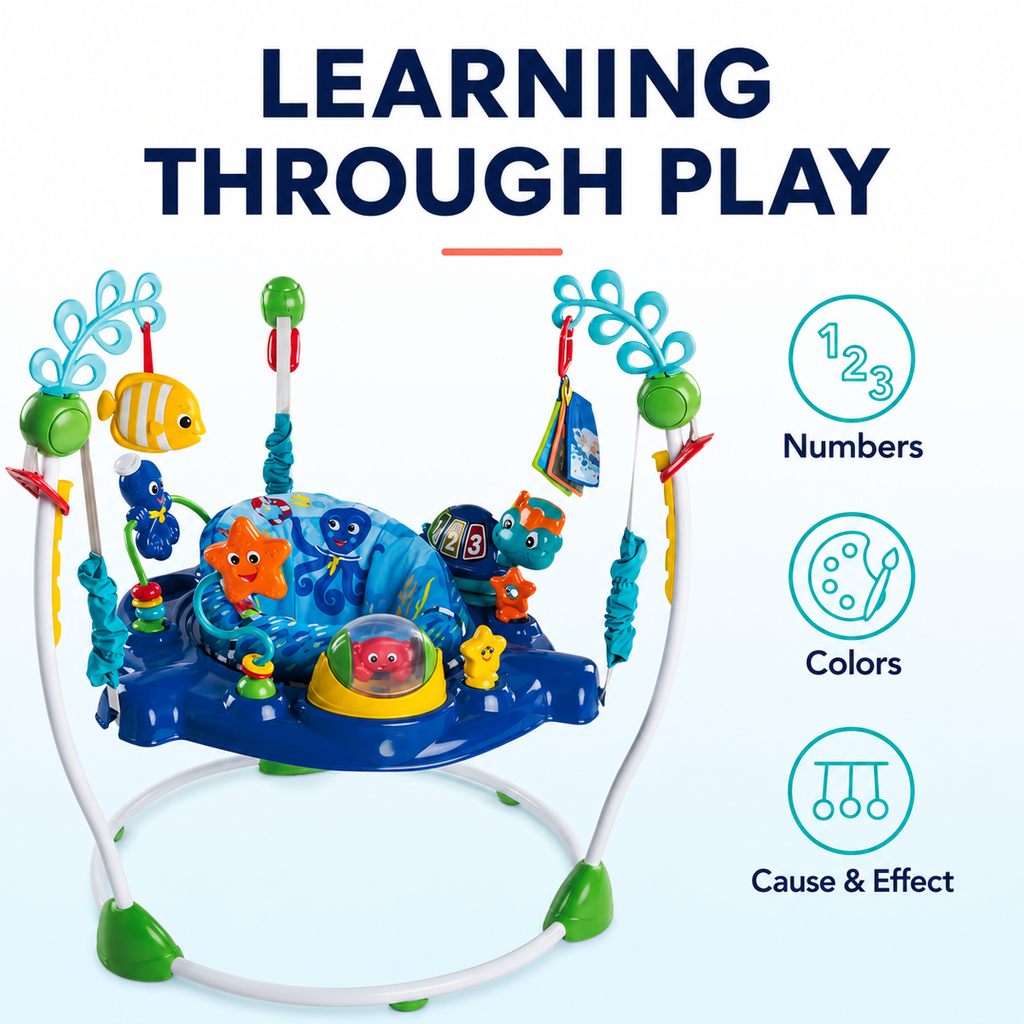 2-in-1 Ocean-Themed Baby Activity Jumper with 360° Rotating Seat, Lights, Music and Take-Along Toy, 6-12 Months