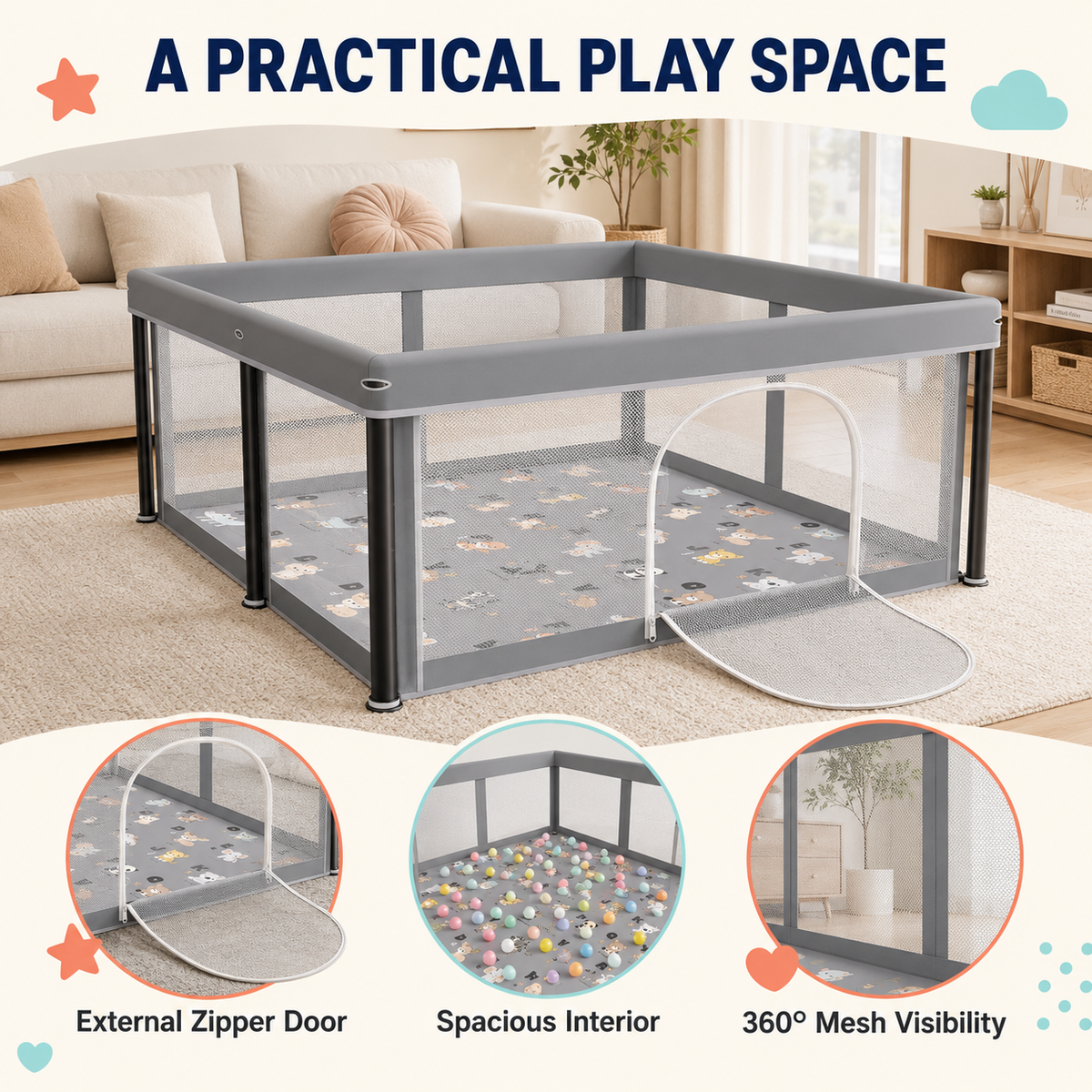 Foldable Baby Playpen with Alphabet Animal Mat, Mesh Panels, Zipper Door, Play Balls and Carry Bag, 127 × 127 cm, Gray