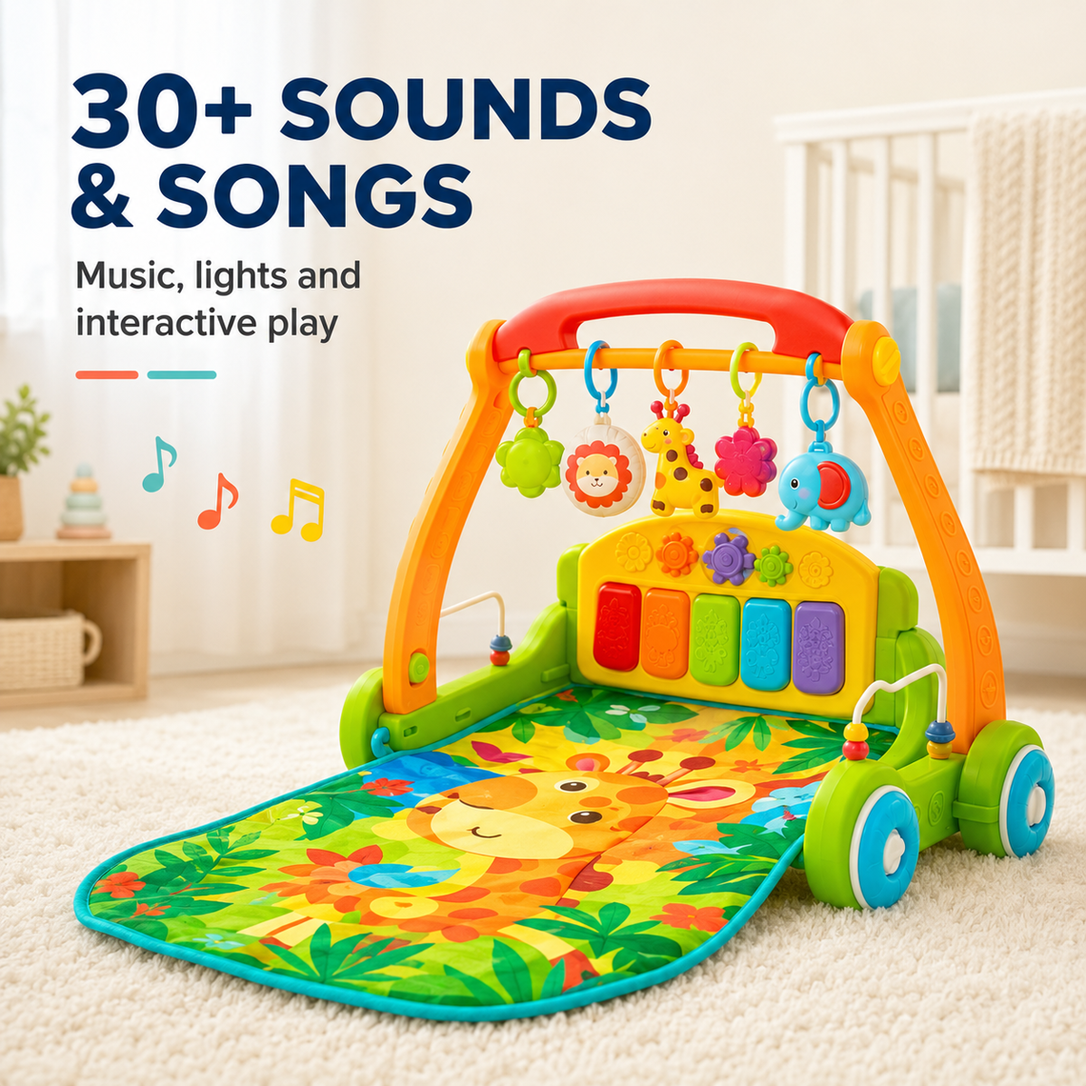 4-in-1 Baby Activity Gym and Push Walker with Light-Up Piano, Play Mat and 30+ Sounds, Green