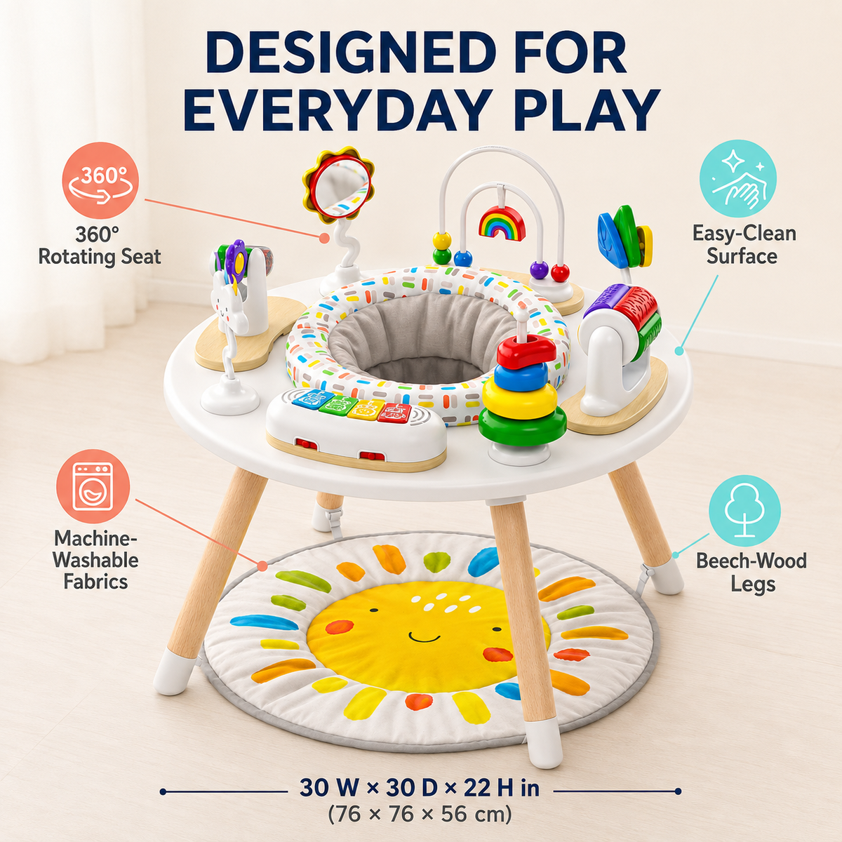 4-in-1 Baby Activity Center with 360° Rotating Seat, 8 Interactive Toys and Toddler Table, 3-24 Months, White