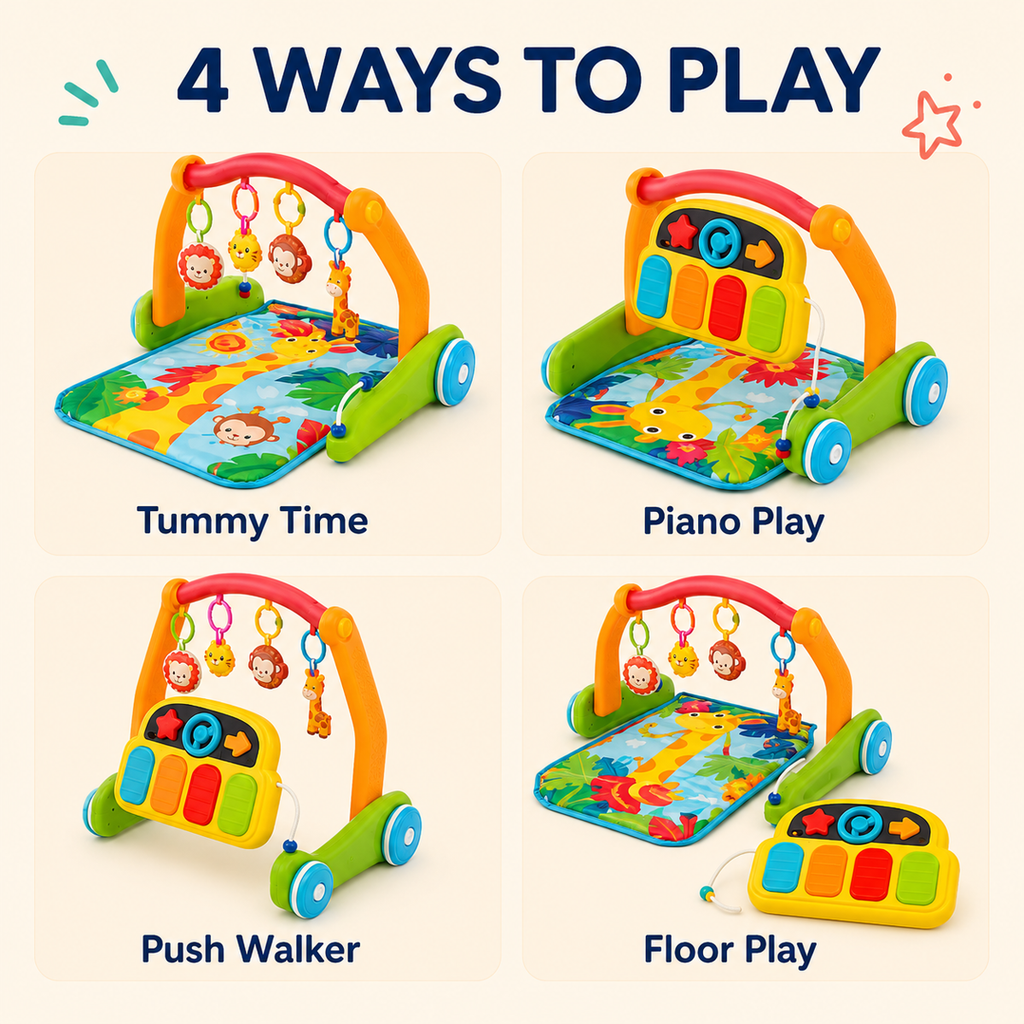 4-in-1 Baby Activity Gym and Push Walker with Light-Up Piano, Play Mat and 30+ Sounds, Green