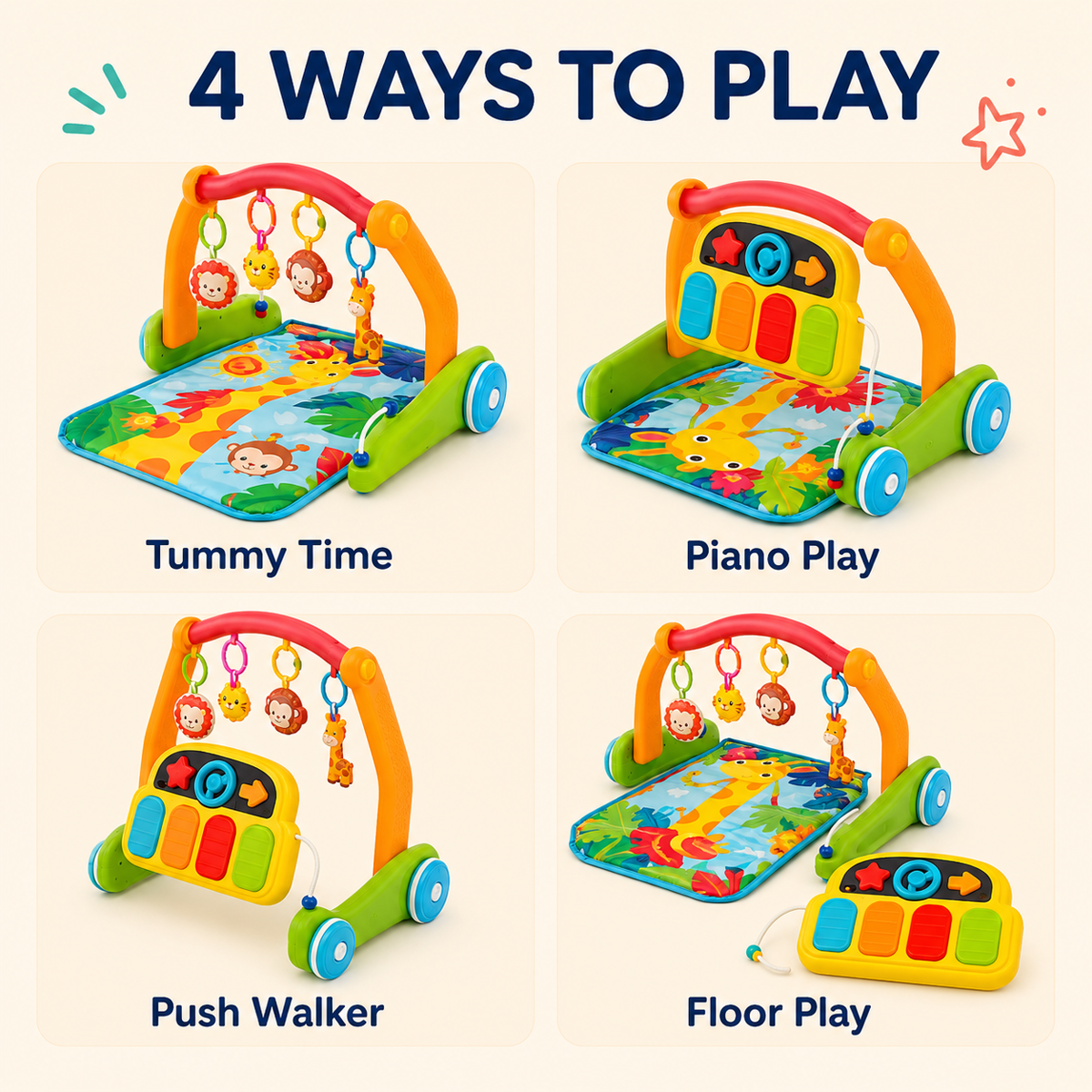 4-in-1 Baby Activity Gym and Push Walker with Light-Up Piano, Play Mat and 30+ Sounds, Green