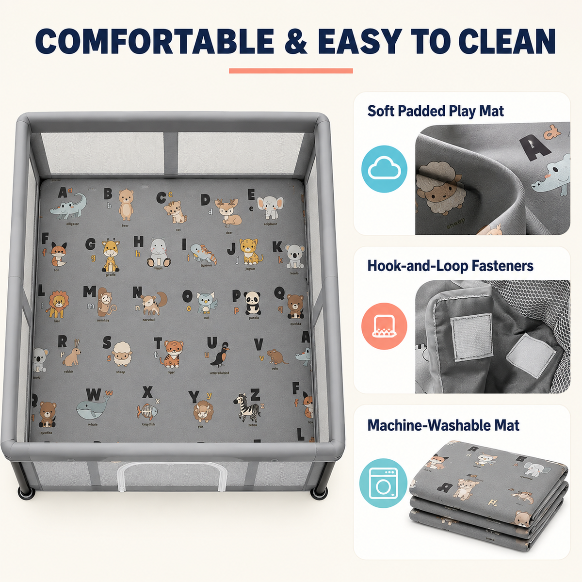 Foldable Baby Playpen with Alphabet Animal Mat, Mesh Panels, Zipper Door, Play Balls and Carry Bag, 127 × 127 cm, Gray