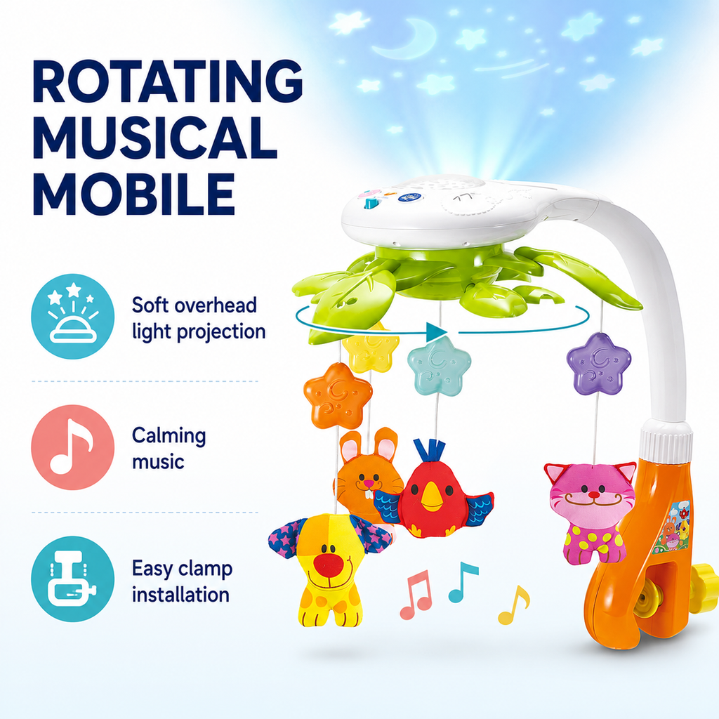 Rotating Musical Baby Crib Mobile with Star Projector, Soothing Sounds and Plush Animal Toys, Multicolor, 0-12 Months