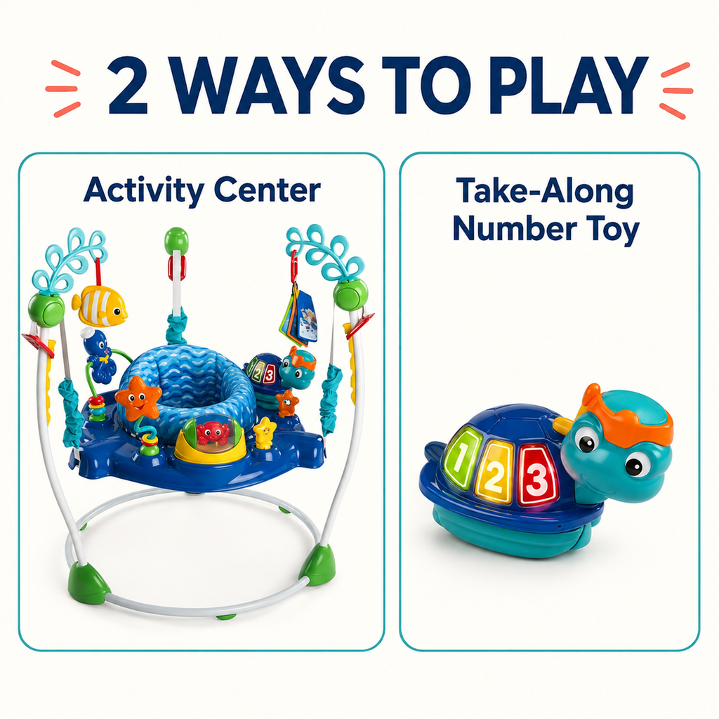 2-in-1 Ocean-Themed Baby Activity Jumper with 360° Rotating Seat, Lights, Music and Take-Along Toy, 6-12 Months
