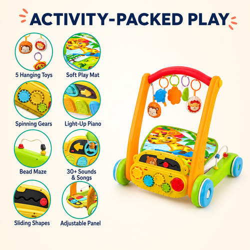 4-in-1 Baby Activity Gym and Push Walker with Light-Up Piano, Play Mat and 30+ Sounds, Green