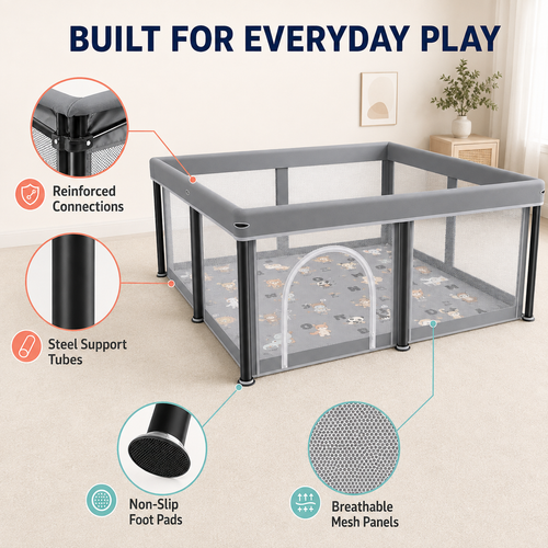 Foldable Baby Playpen with Alphabet Animal Mat, Mesh Panels, Zipper Door, Play Balls and Carry Bag, 127 × 127 cm, Gray