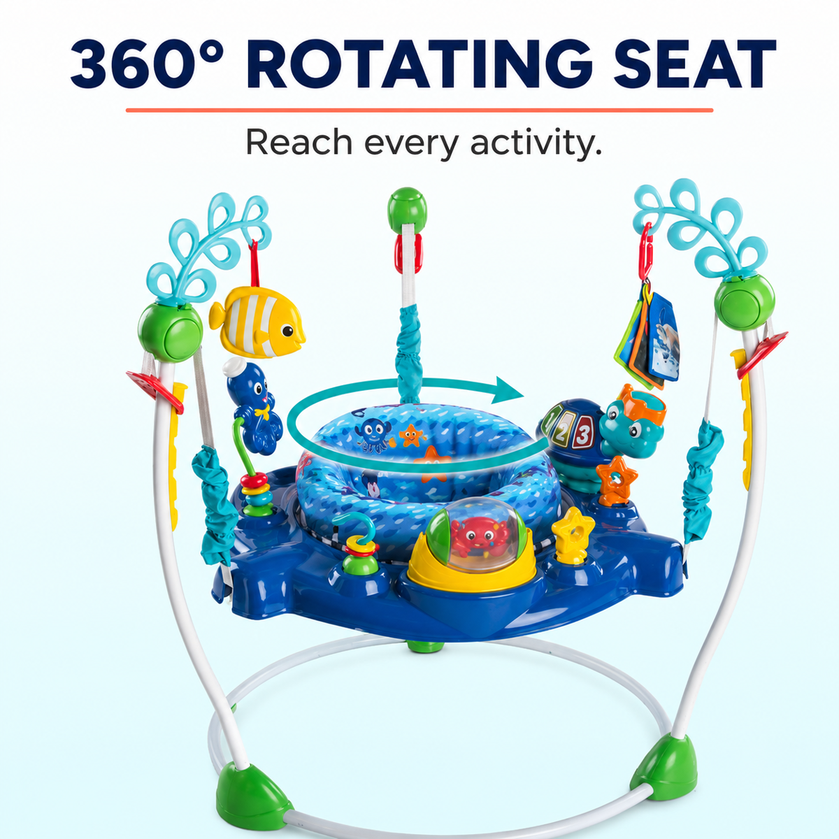 2-in-1 Ocean-Themed Baby Activity Jumper with 360° Rotating Seat, Lights, Music and Take-Along Toy, 6-12 Months