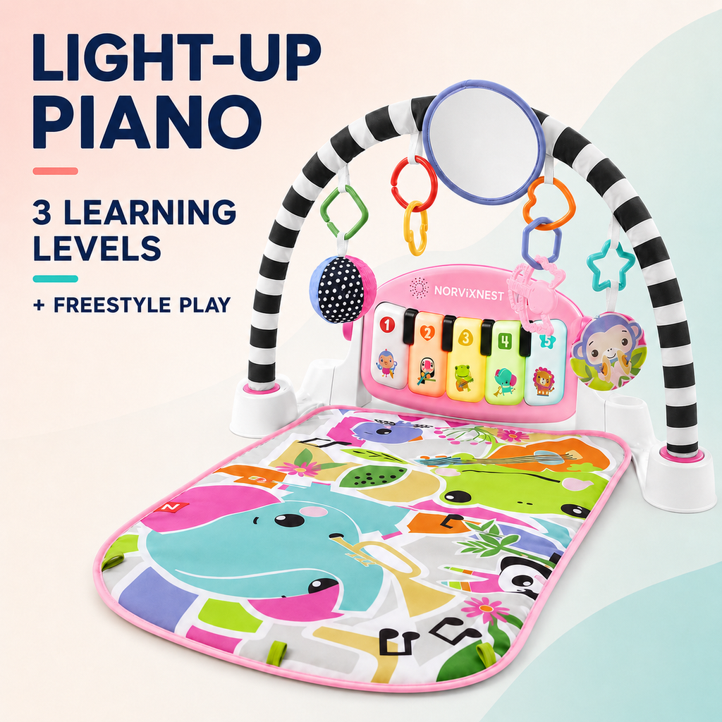 NORVIXNEST 4-Way Baby Activity Gym with Light-Up Piano, Play Mat, Mirror and Hanging Toys, Pink, 0-36 Months