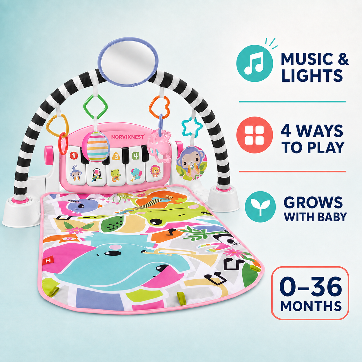 NORVIXNEST 4-Way Baby Activity Gym with Light-Up Piano, Play Mat, Mirror and Hanging Toys, Pink, 0-36 Months