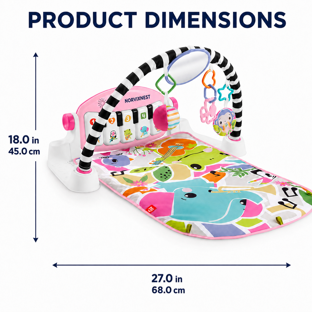 NORVIXNEST 4-Way Baby Activity Gym with Light-Up Piano, Play Mat, Mirror and Hanging Toys, Pink, 0-36 Months