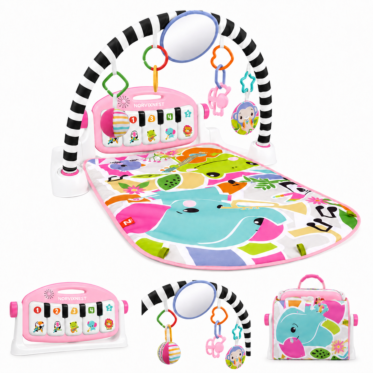 NORVIXNEST 4-Way Baby Activity Gym with Light-Up Piano, Play Mat, Mirror and Hanging Toys, Pink, 0-36 Months
