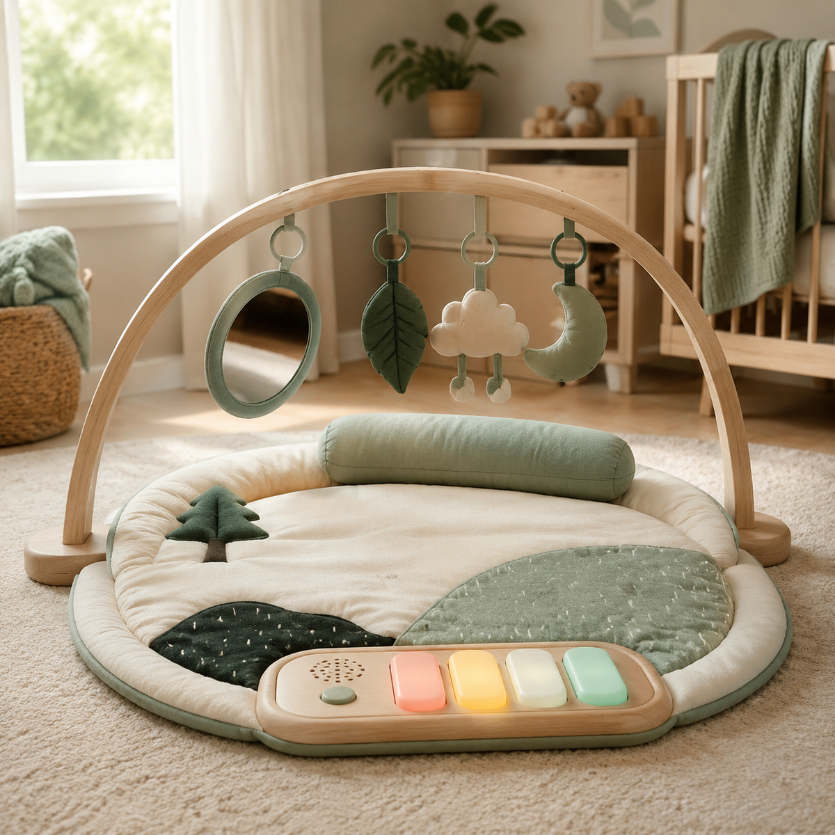 Warm nursery activity gym and play mat for supervised sensory play