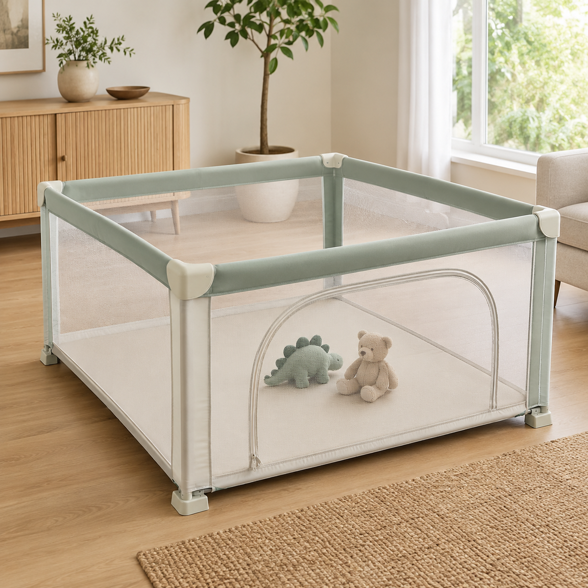Foldable mesh baby playpen in a bright family living room