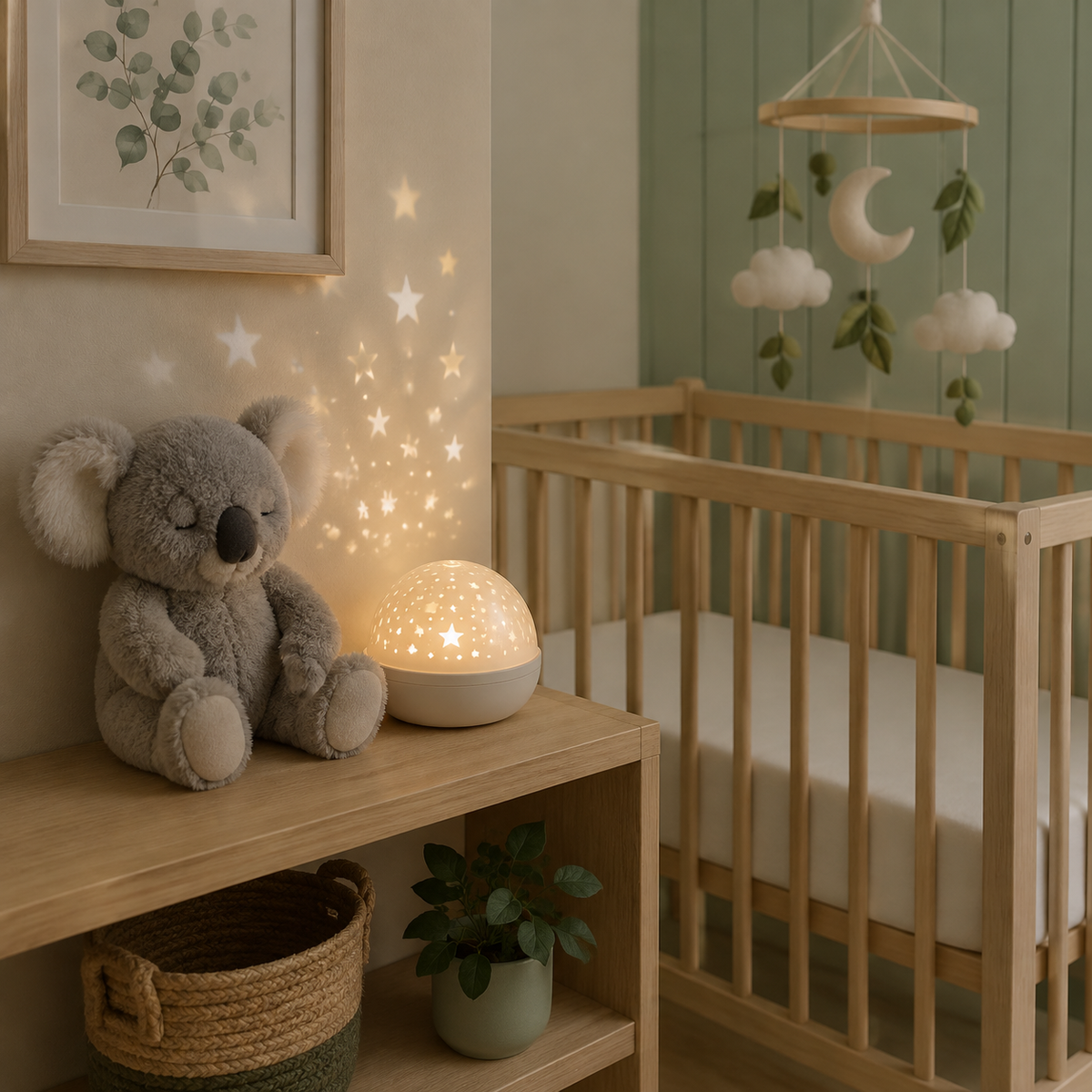 Calm nursery with a koala plush, star projector, and crib mobile