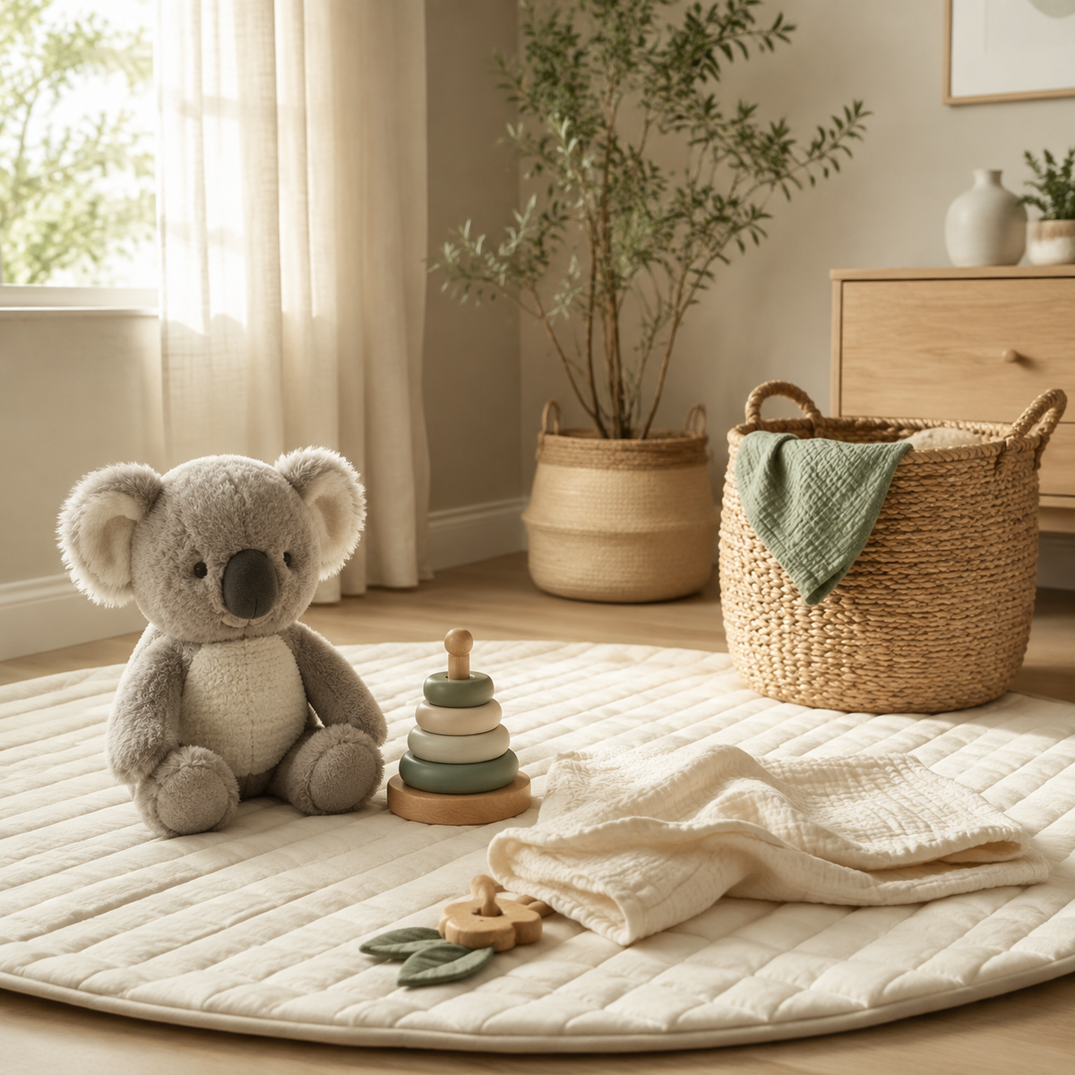 Warm NORVIXNEST nursery play space with a plush koala, wooden stacking toy, quilted mat, and natural baskets