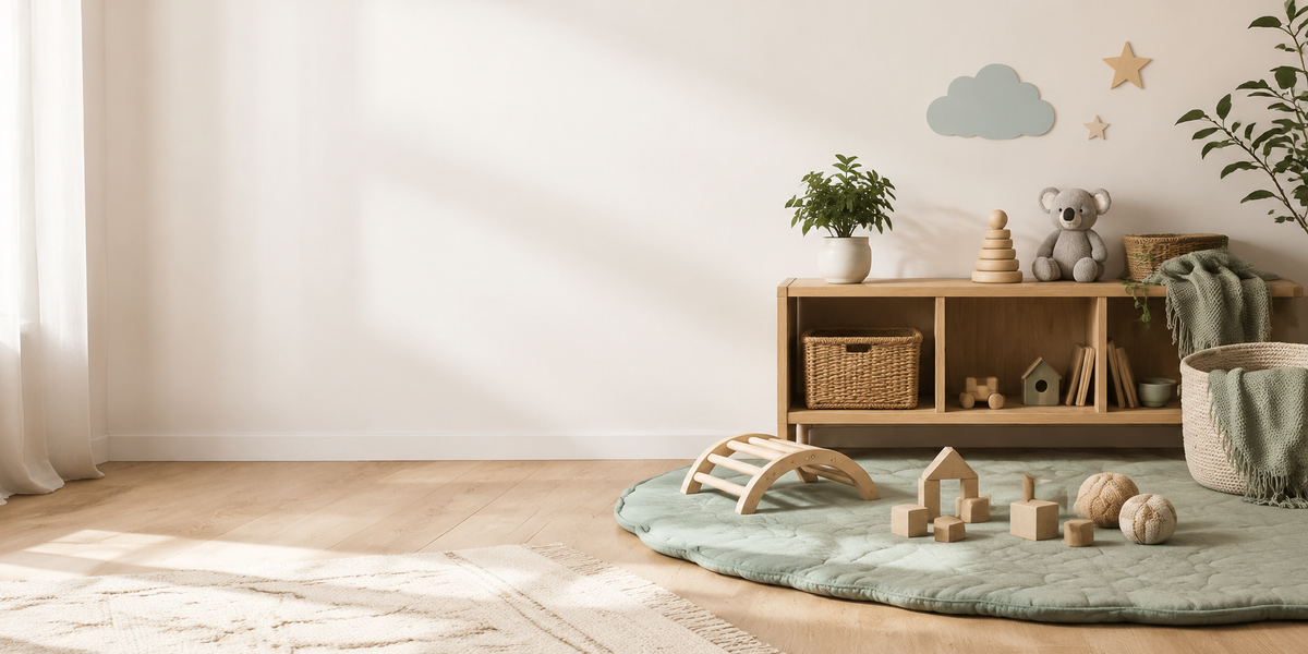 Calm neutral nursery playroom with natural wood toys and a sage play mat