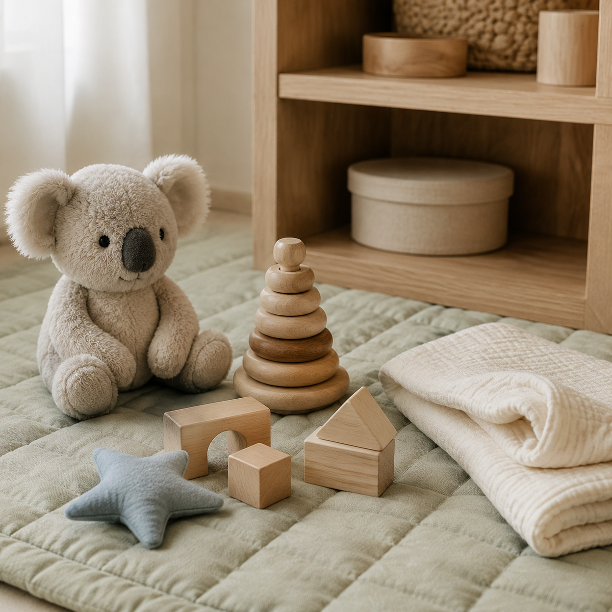Neutral nursery play scene with a plush koala, wooden stacking toy and soft sage mat